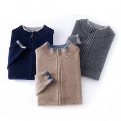 2023 Autumn/Winter New 100% Pure Cashmere Sweater Men's Half High Neck Knitted Zippered Cardigan Solid Color Wool Top Coat