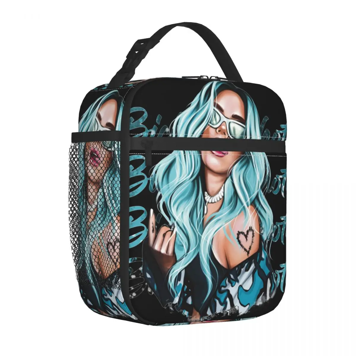 Karol G With Blue Hair Bichota Insulated Lunch Bags Meal Container Cooler Bag Tote Lunch Box Beach Travel Food Storage Bags