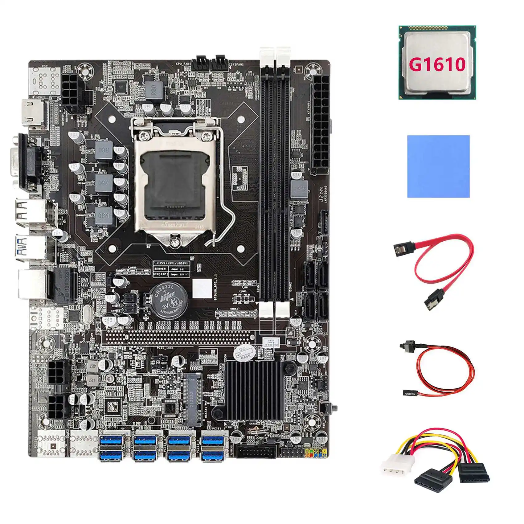 

B75 BTC Miner Motherboard 8XPCIE to USB+G1610 CPU+4PIN to SATA Cable+SATA Cable+Switch Cable+Thermal Pad Motherboard