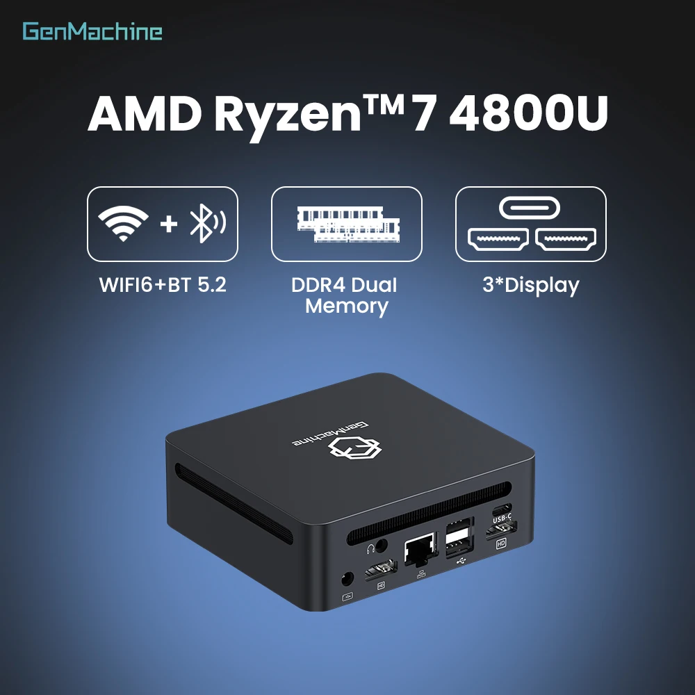 GenMachine Mini PC AMD Ryzen 7 4800U 8-core 16-thread 4.2GHz 15W DDR4 PCIe 3.0 WIFI6 BT5.2 Mini Pc Ordenador Diy Gaming Computer