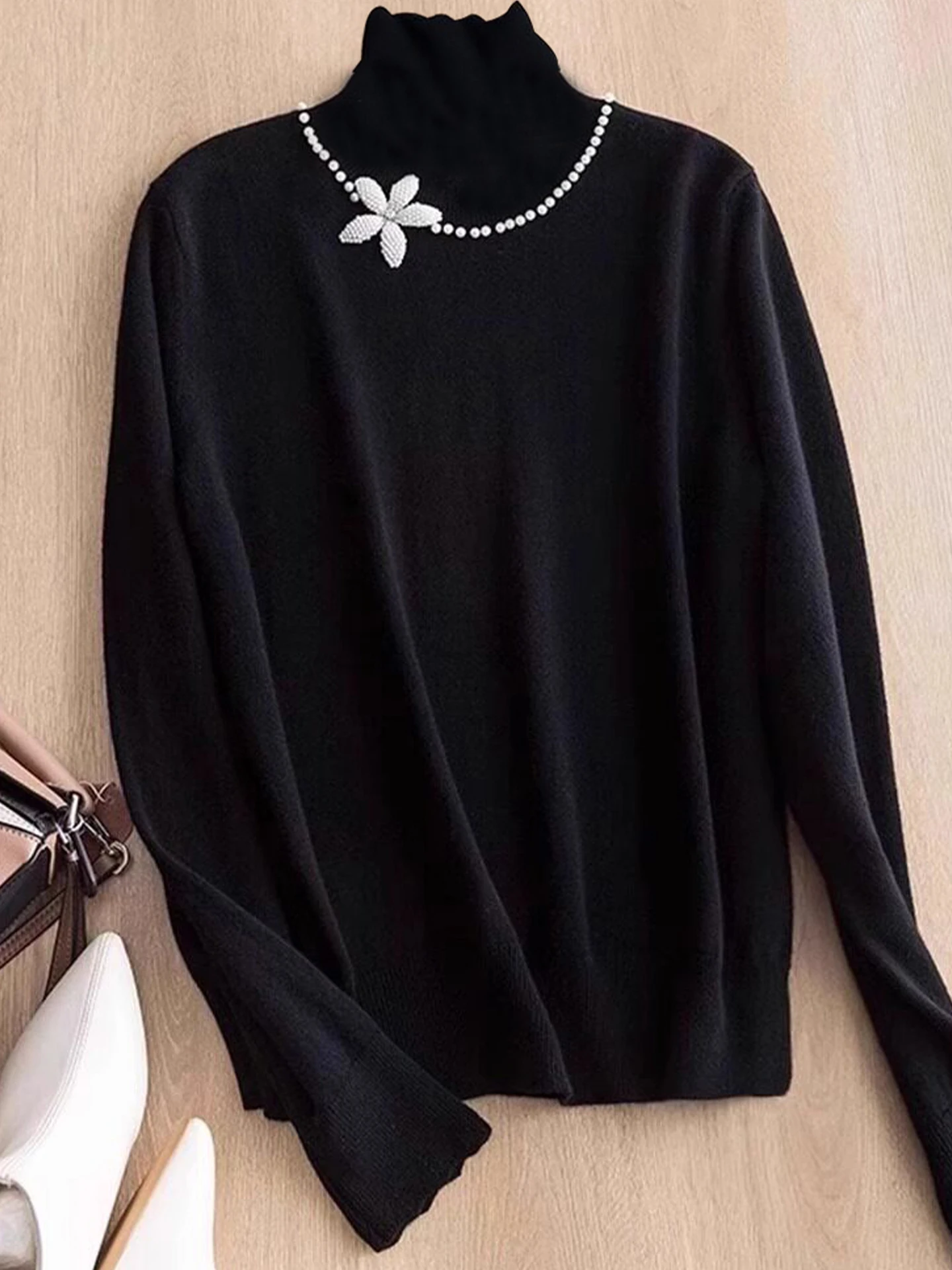 

Chic Pure Color Long Sve Lace Trim Knitted Base irt Women's Simple Faionable Pullover Korean Sle Commute Wind Top