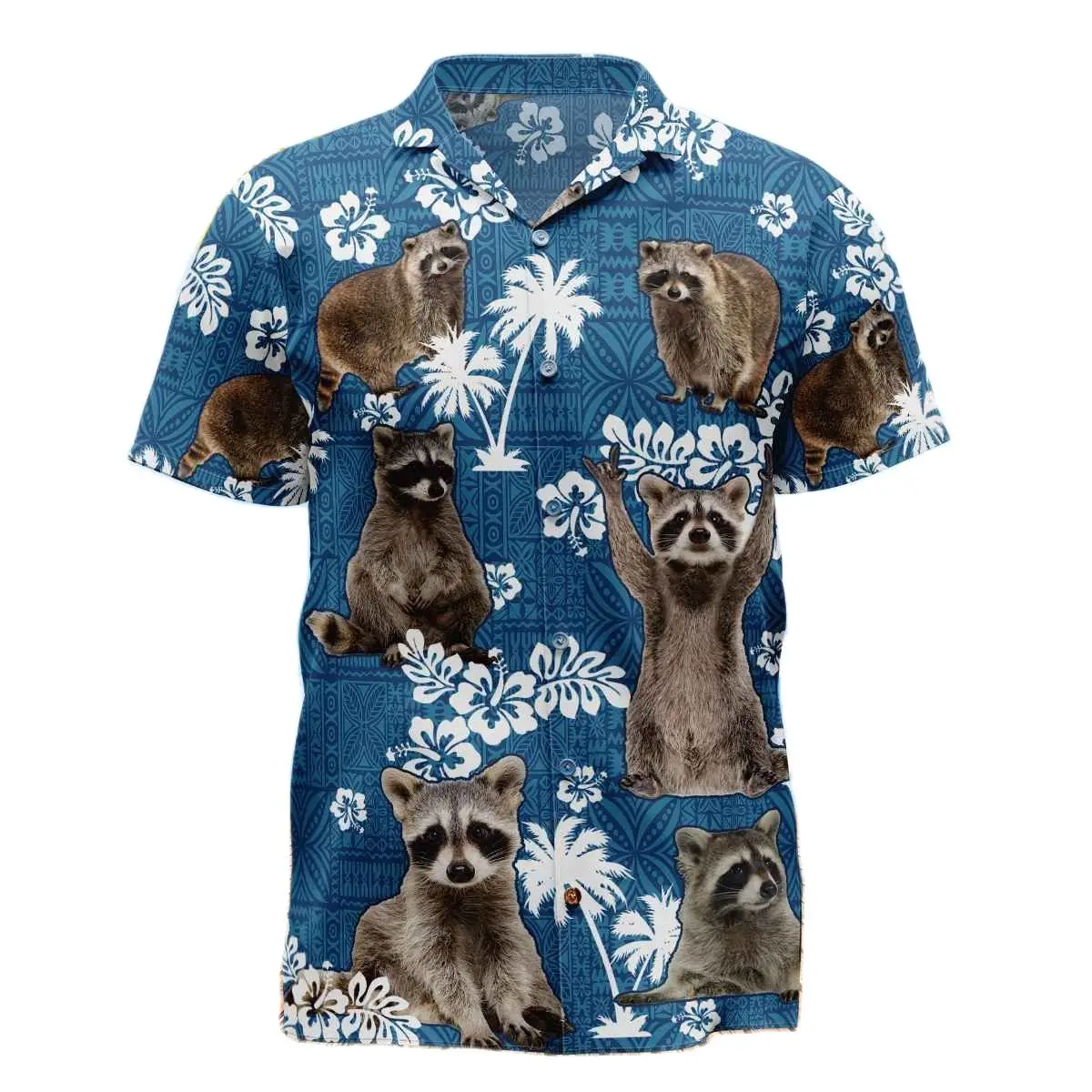 Jumeast Raccoon Blue Tribal Men Hawaiian Shirt Unisex Baggy Cutecore Farm Dinosaur Beach Blouse Youth Vintage YK2 Clothes Tops