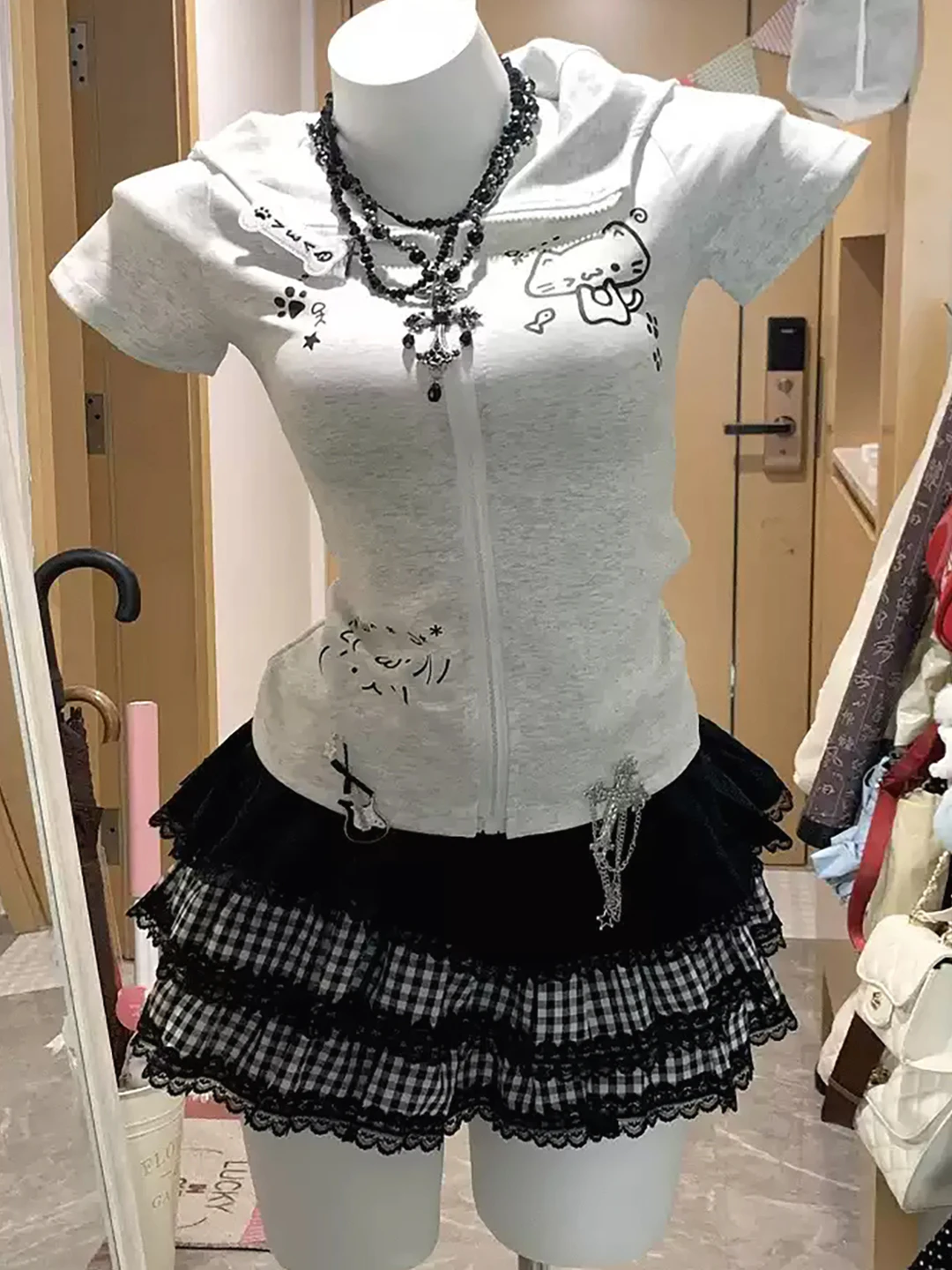 Conjunto de Moda Y2K com Estampa de Gato Adorável, Cardigan Slim Fit de Manga Curta e Saia de Bolo, Conjunto de Duas Peças pa...