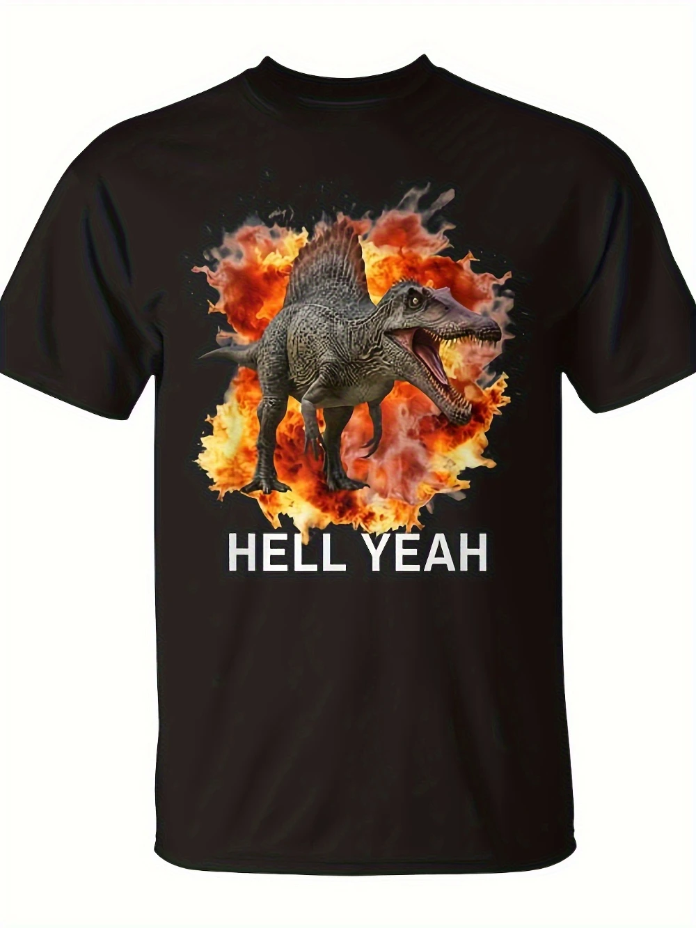 Novitaregali Spinosaurus Dinosaur T-Shirt Black Hell Yeah Slogan Spinosaurus Skull/Flame Dino Design Men's T-shirts for Summer
