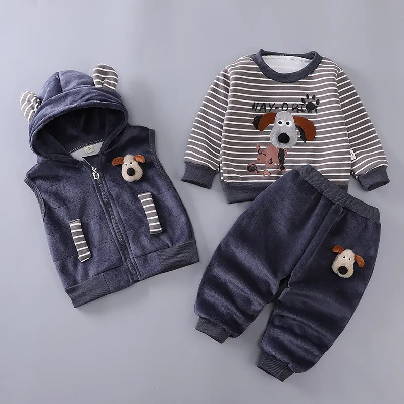 Autumn Winter Baby Boys Clothing Set Cartoon Cute Dog Fleece Warm Hooded Vest Coat Pants 3Pcs Suit for 1-4 Years Kids Clothes