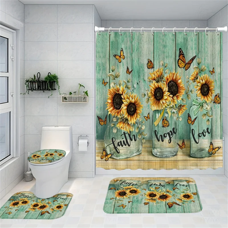 1/4pcs Sunflowers Butterfly Shower Curtain Set, Vase Bathroom Sets With Shower Curtain And Rugs, Waterproof Shower Curtain With