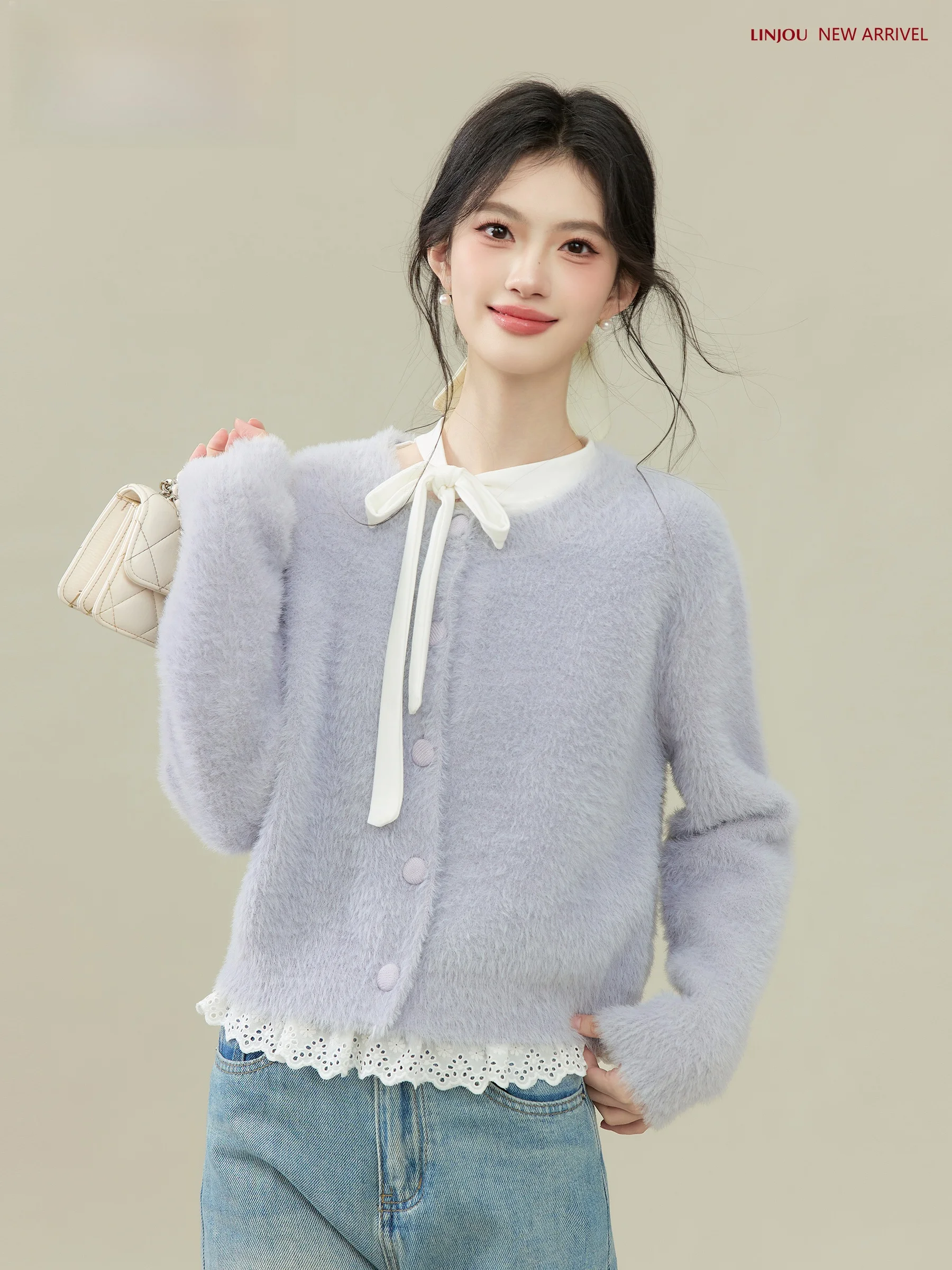 

Long Sve Knitted Sweater with Belt Loose Fit Women's Autumn Winter Casual Sle Button Detail Knot Design