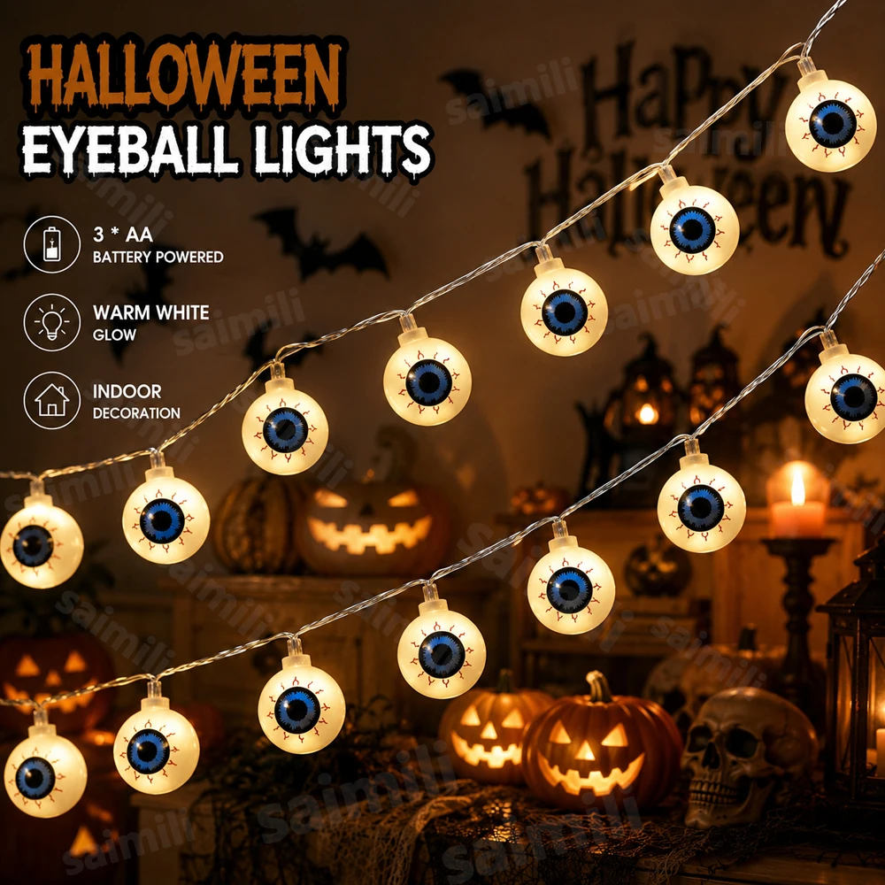 Halloween LED String Lights Pumpkin Ghost Eyeball Shaped Lamp Waterproof Battery Powered Indoor Outdoor Home Holiday Party Decor
