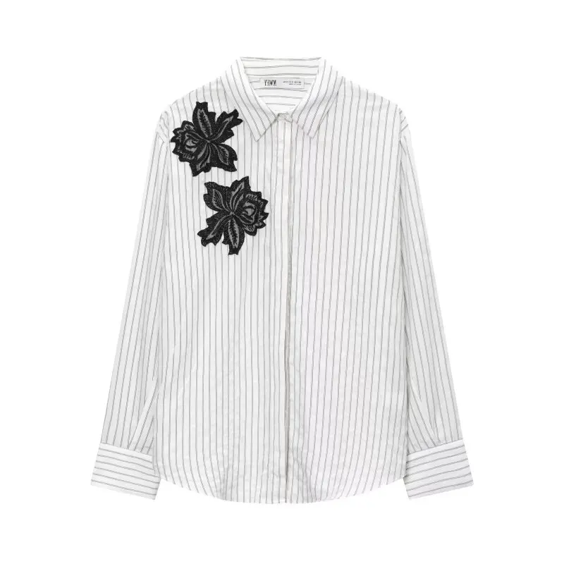 

Women’s Striped Floral Lace Blouse - Elegant Shirt with Delicate Lace and Flower Pattern for Office Party Wear
