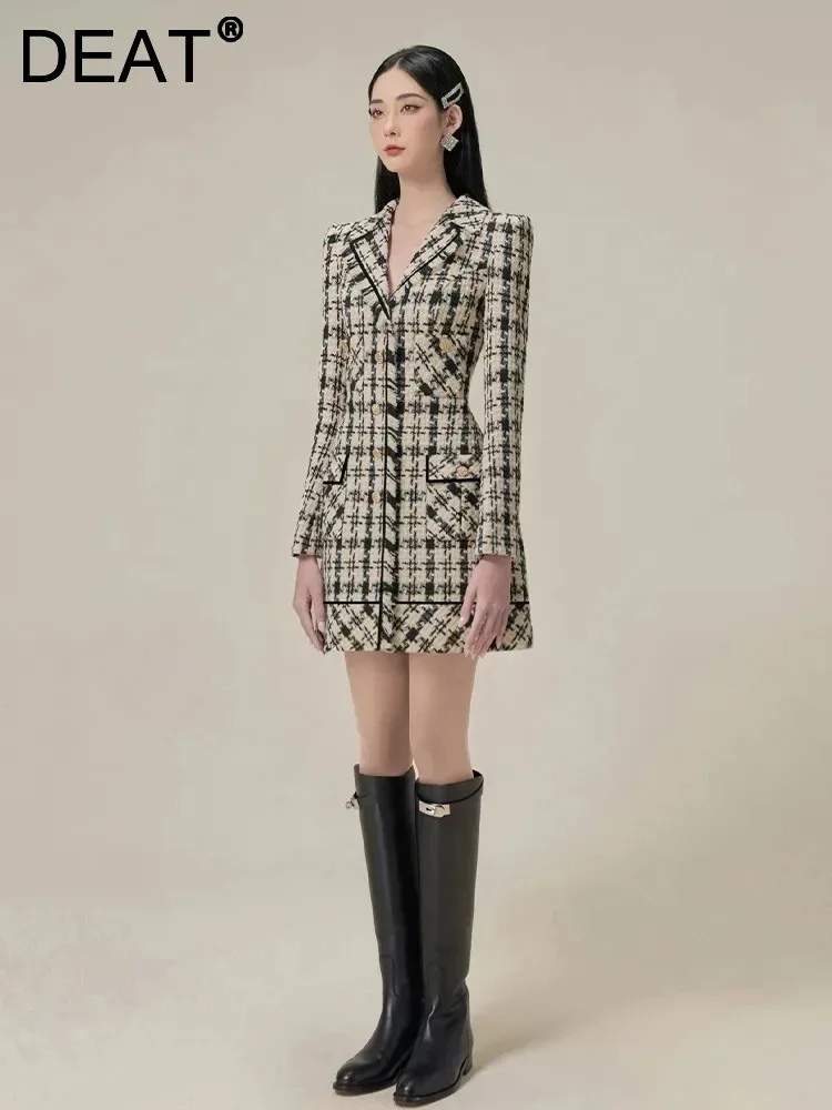 

DEAT Elegant Dresses Plaid Tweed Lapel Contrast Color Long Sleeve Waist Women's Mini Dresses 2024 Autumn New Fashion 13DB1384