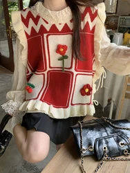 Sweet Three-dimensional Flowers Kawaii Ruffles Women Vest Winter Sleeveless Pullovers Sweater Lovely Warm Knitted Gentle Tops