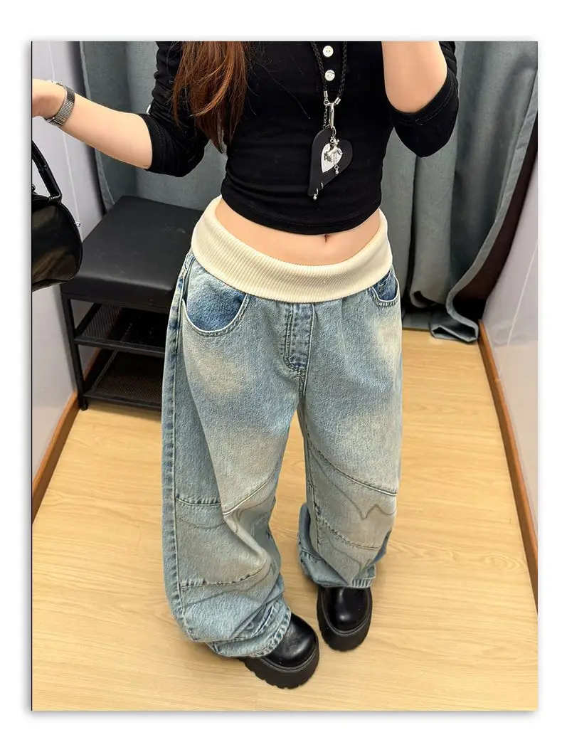 Retro Threaded Waist Straight Jeans Women's Autumn High Street Design Sense Loose Wide-leg Pants