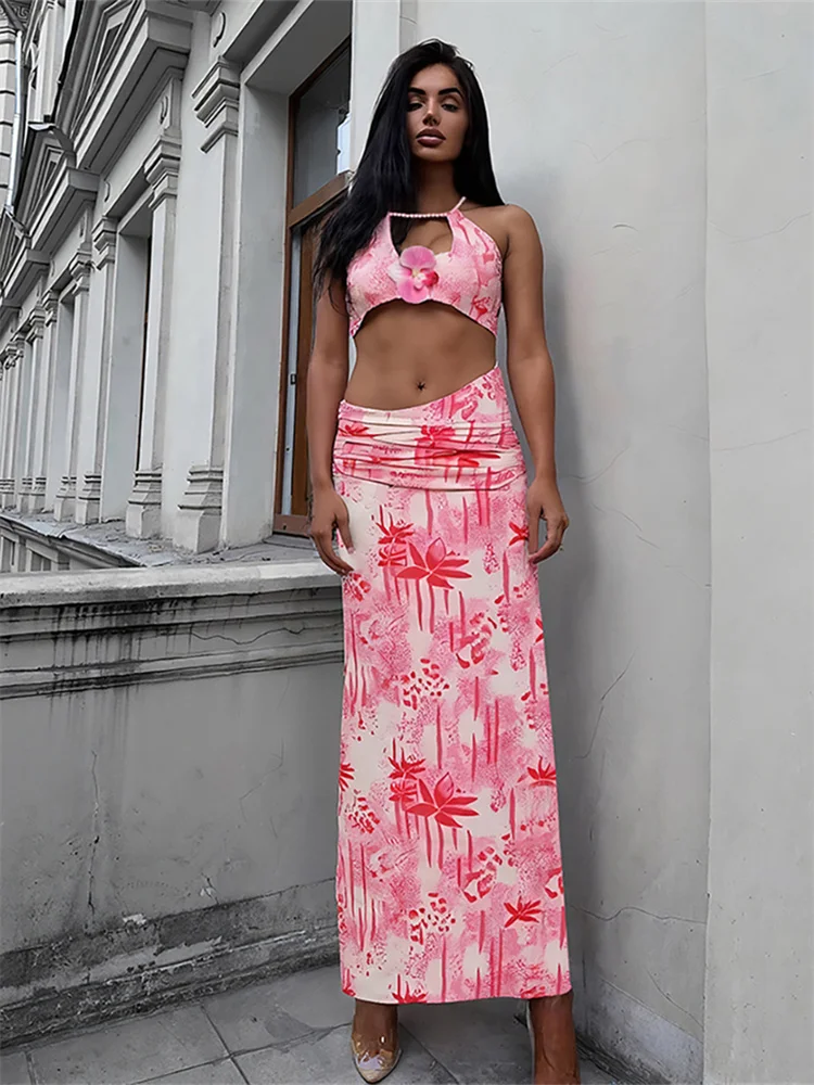 Cutenew Tie Dye Appliques Donna 2 pezzi Set Moda Sexy Halter Bandage Crop Tank + Vita alta Maxi Gonne Abiti da vacanza femminili