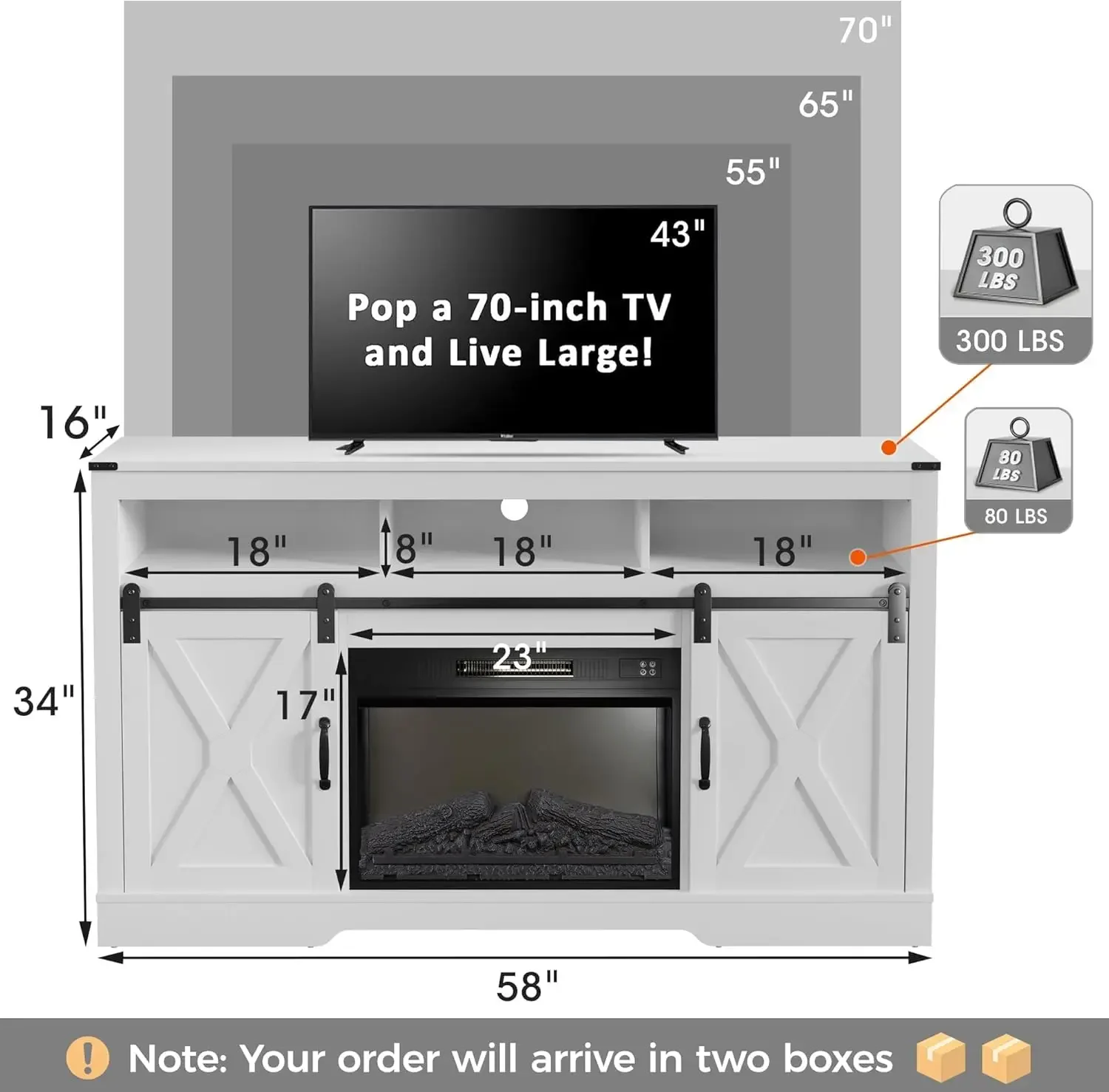 Farmhouse Fireplace TV Stand for 65+ Inch TV, Entertainment Center with 23