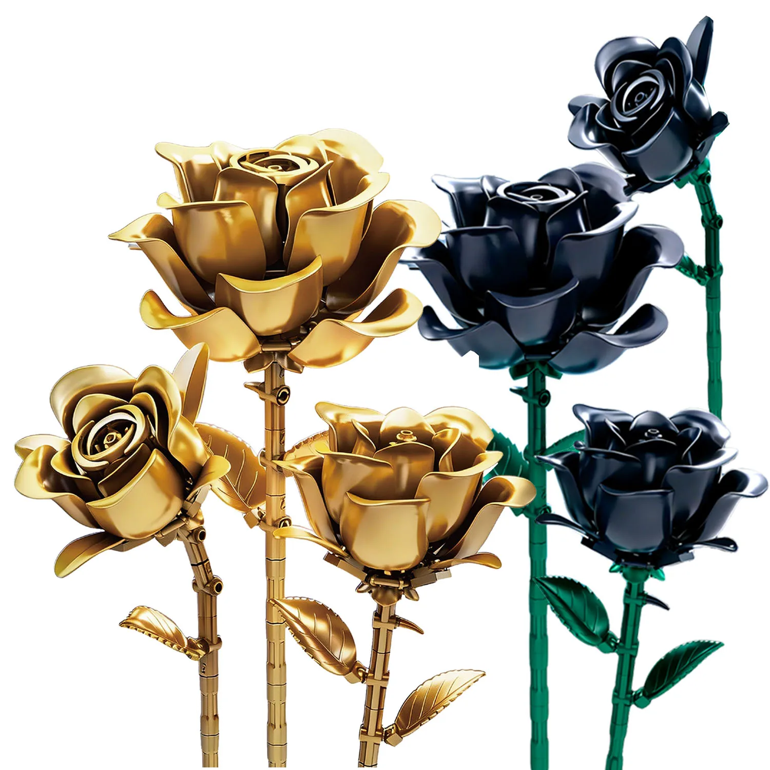 708PCS MOC Black Gold Roses Bouquet Building Blocks City Home Decor Bricks Preserved Flower Crow Model Toys Halloween DIY Gifts