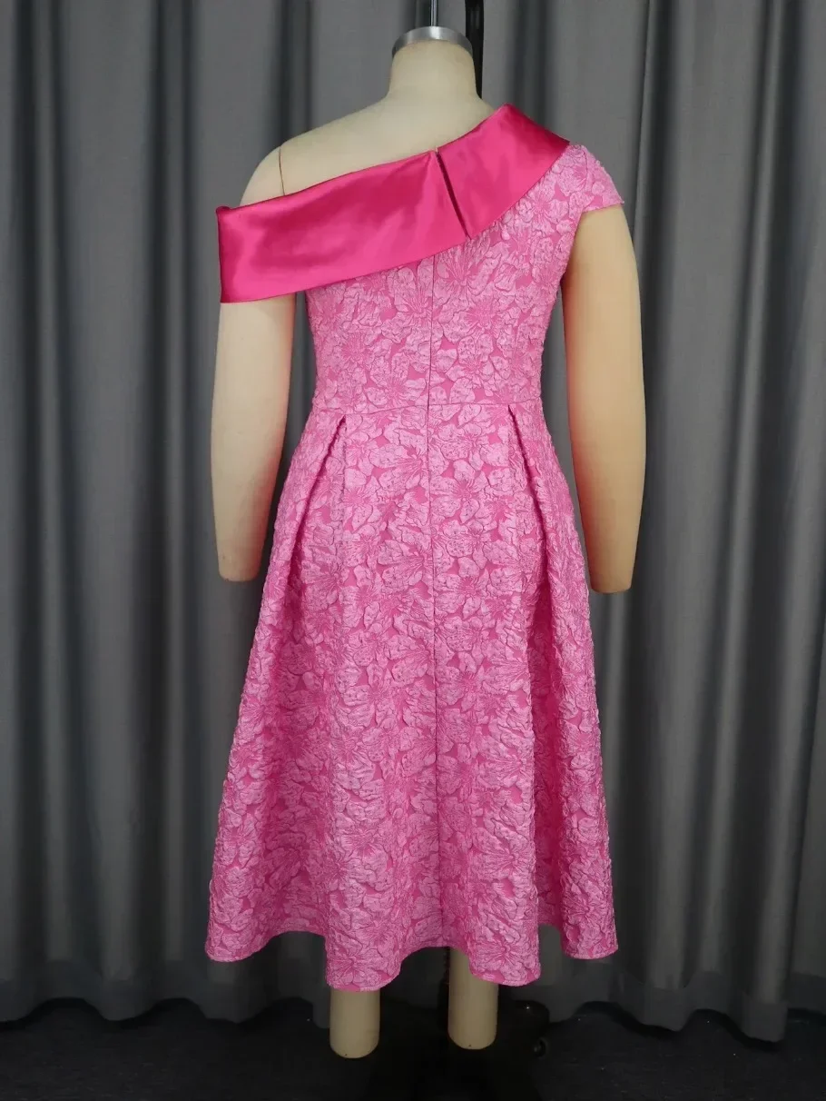 Feminino doce rosa jacquard a linha vestido inclinado pescoço manga curta cintura alta elegante plissado midi comprimento vestidos de aniversário vestido de baile