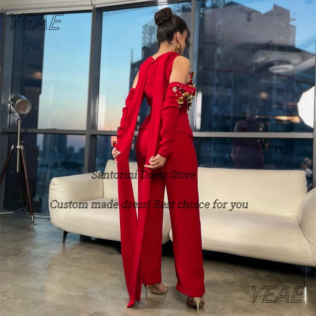 Santorini Aangepaste Broek Past Vrouwen Dragen Speciale Banket 3D-Bloemen Lange Mouwen Prom Jurken Twee Stukken Avondjurken