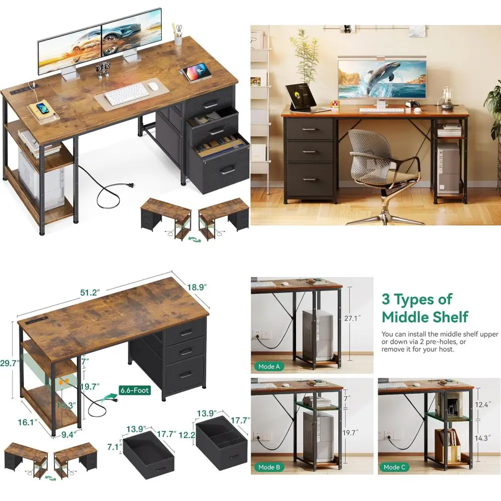 مكتب كمبيوتر كبير مقاس 51 بوصة مع أدراج قماشية، ومنافذ طاقة USB، ومكتب مكتب منزلي قابل للعكس مع أرفف تخزين، مثالي لـ