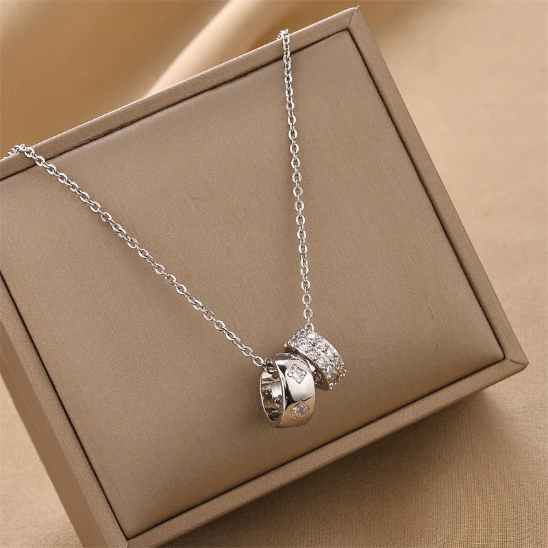 Fashion Luxurious Crystal Rhombus Necklace with Ring Pendant Non Tarnish Gold Color Jewelry for Women