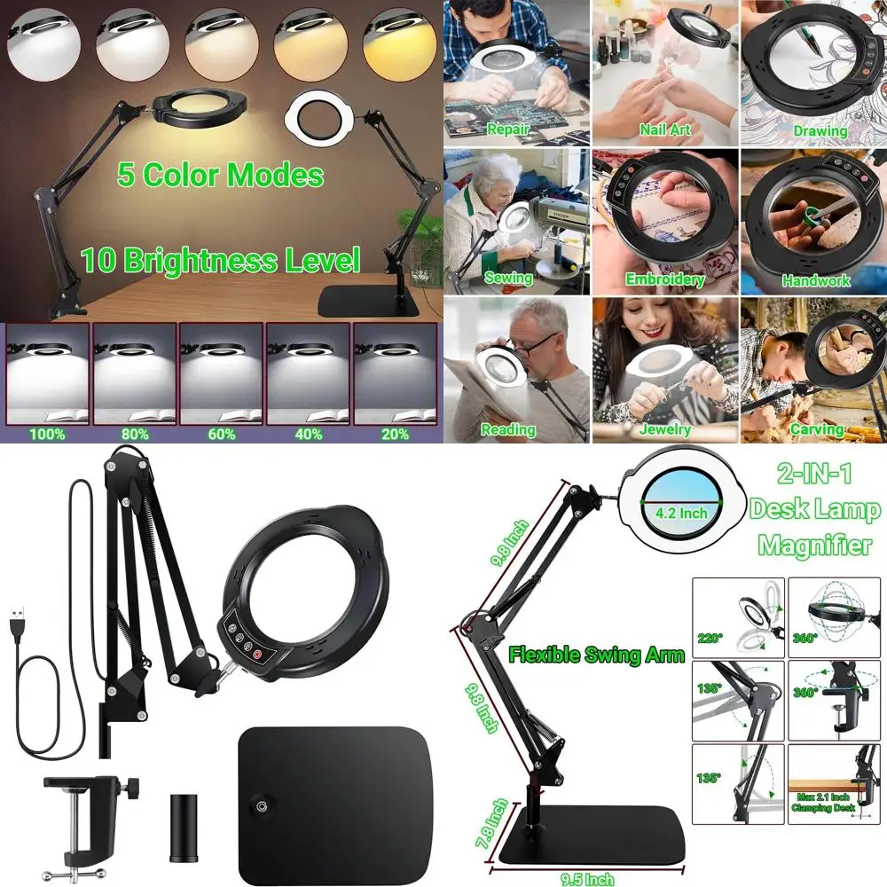 

Лупа с 15-кратным увеличением и LED-подсветкой, регулируемая яркость, 5 цветов, настольная лампа-прищепка 2-в-1 для хобби, чтения и ремонта