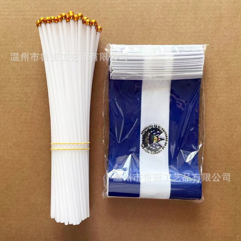 （TIKI FLAG）El Salvador hand flag 14x21cm Polyester Fade-Resistance El Salvador Hand Waving Flag with Plastic Flagpole for Events