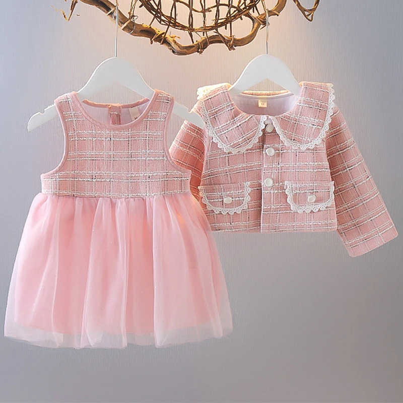 2Piece Spring Autumn Infant Girl Clothes Korean Fashion Plaid Doll Collar Coat+Sleeveless Mesh Dress Baby Boutique Outfits BC133