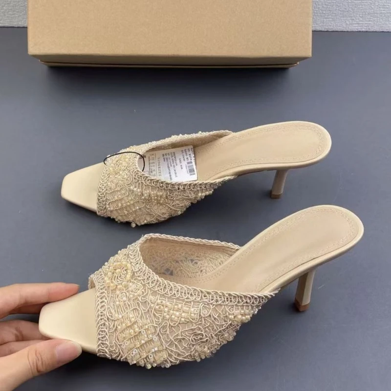 2026 Summer Sandals Weave Pearl Mule Heels for Women Nude Square Toe High Heel Sandal Elegant Backless Fashion Stiletto Footwear view 3