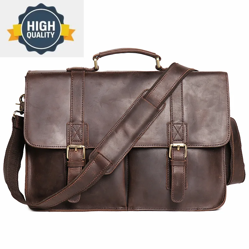 Natural Men's Leather Dark Brown Briefcase Vintage Portfolio Handbag Fashion Satchel Messenger Bag Office Laptop for Men