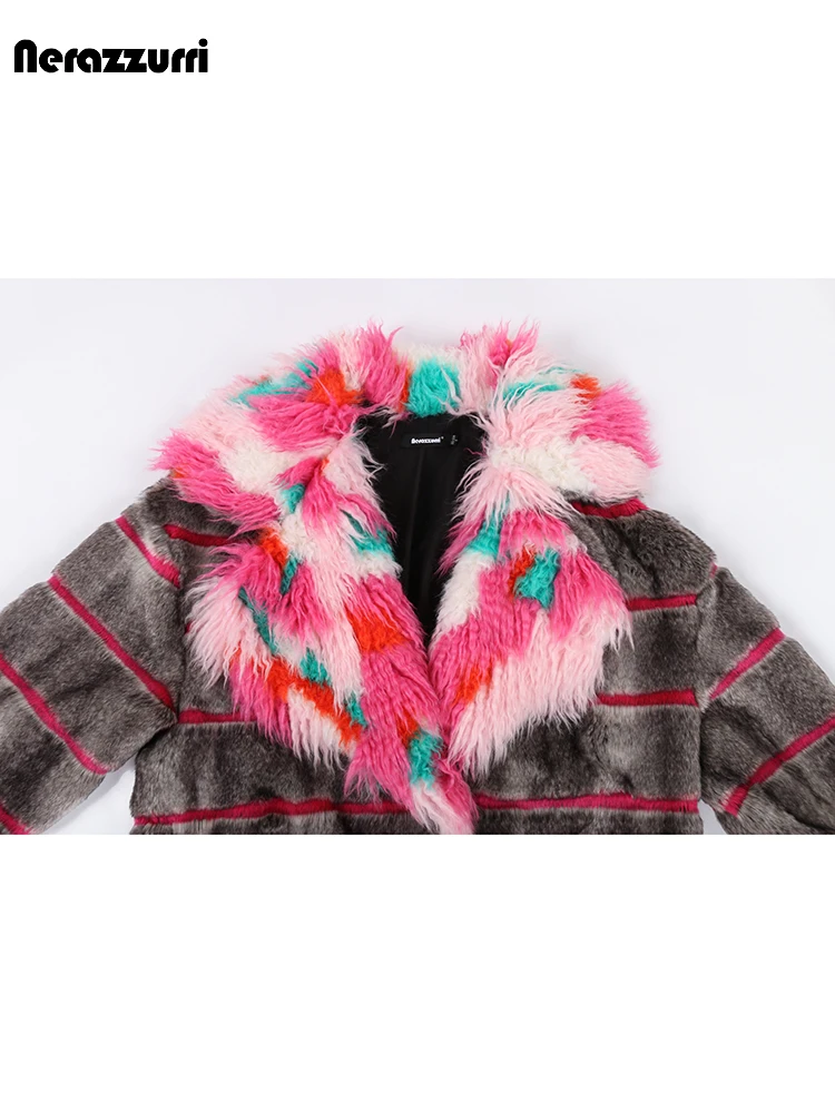 Nerazzurri Winter Long Loose Stylish Warm Soft Fluffy Striped Patchwork Faux Fur Coat Women with Colorful Big Collar and Pockets