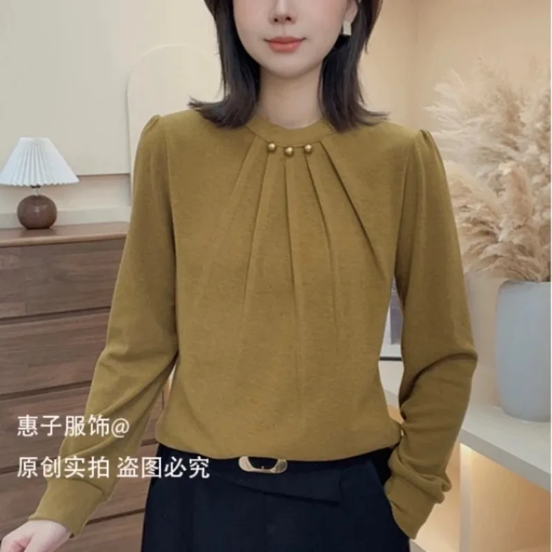 

Autumn Winter Beaded All-in-one Velvet Sweater Slimming Round Neck Fashion Long-sleeved Bottoming Shirt Tops for Women