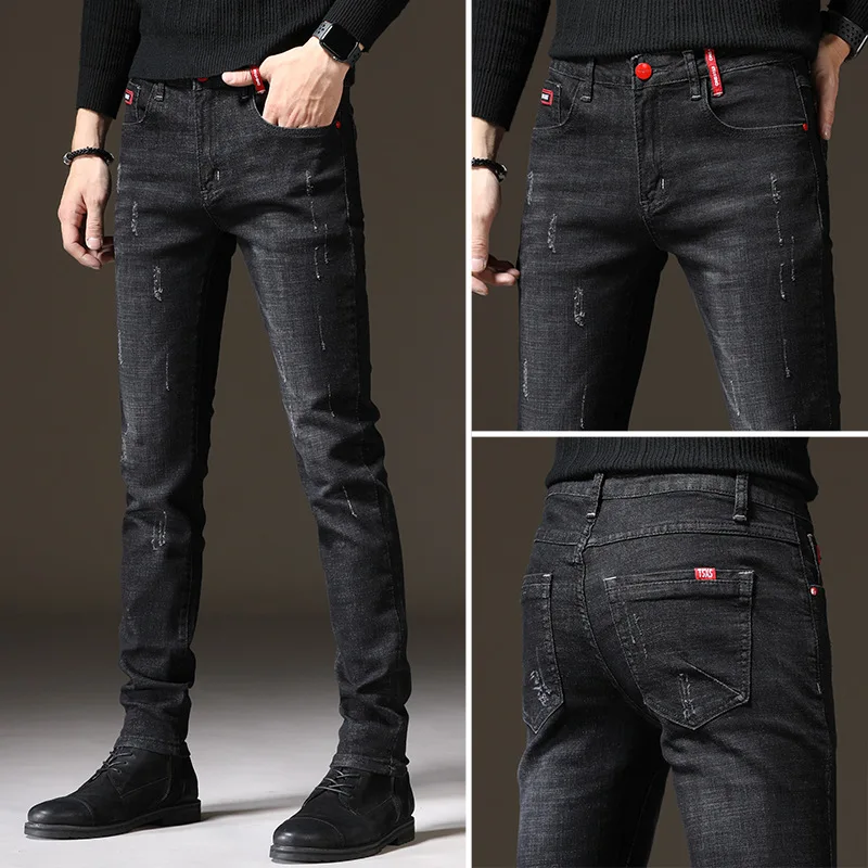 Fashion Denim Jeans Men\'s Summer Small Feet Slim Stretch Summer Casual Black Cowboy Teenagers Jeans for Men Streetwear Pants