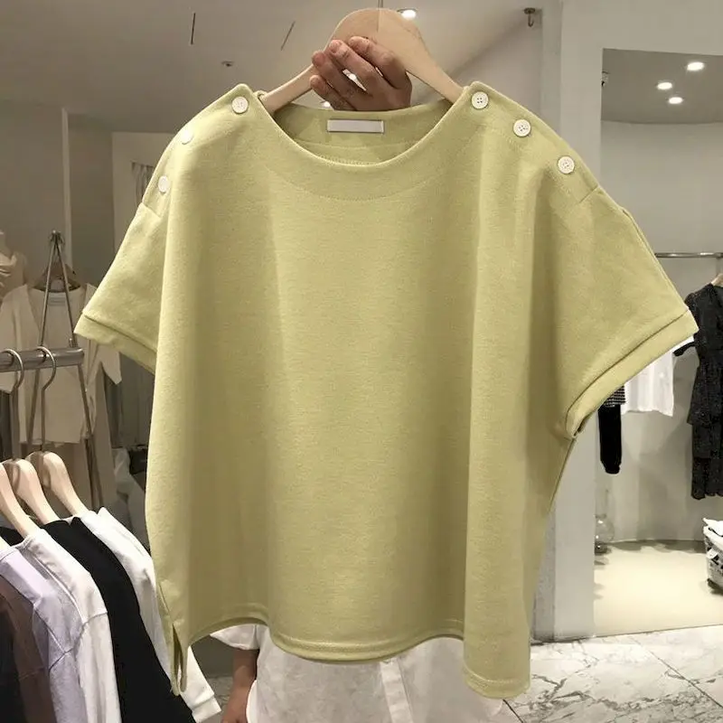 Oversized T-shirts Women Fashion Design Sense Short Sleeve T Shirt 2024 Summer Trend Casual Loose Top Button Shoulder Tshirt Y2k