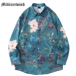 Men's Hong Kong Style Vintage Long Sleeve Shirts Hip Hop Beach Vacation Clothing Loose Couple Print Floral Tops Hawaii Vibe