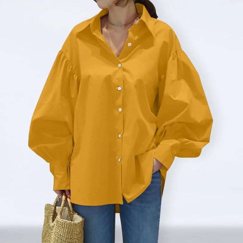 

Autumn Winter New Solid Women Blouse Casual Simple Trun-down Collar Lantern Sleeve Single Breasted Loose Office Ladies Shirts