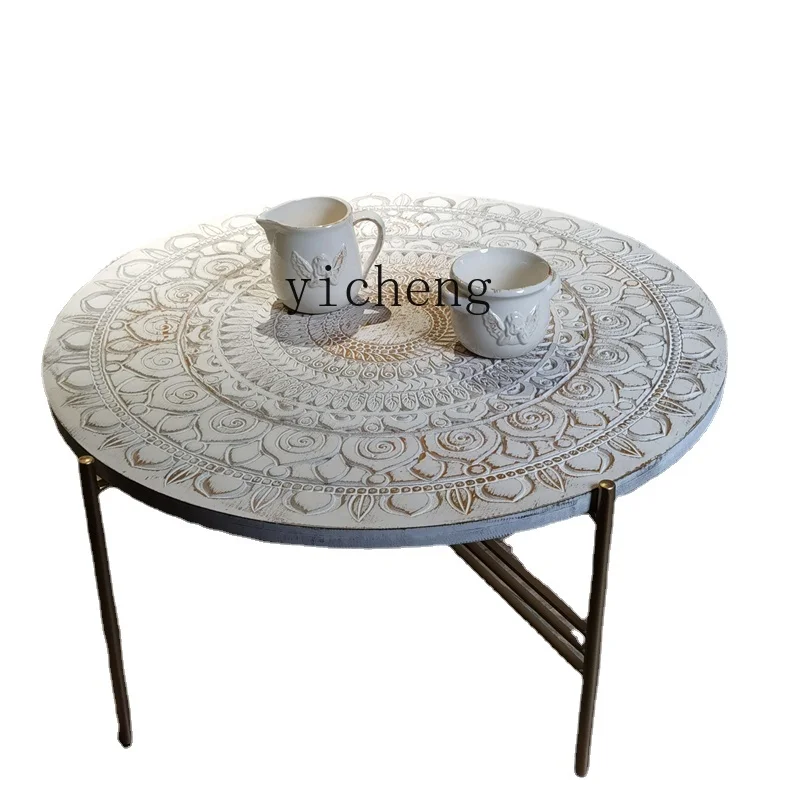 HYP Moroccan Style Designer Model Antique Carved Furniture Solid Wood Distressed Carved Tea Table