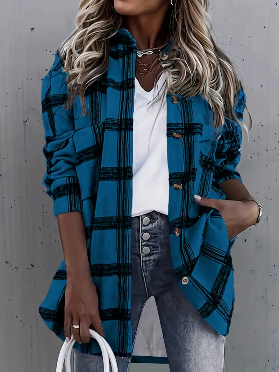 Damen Freizeithemd Schwarz-Weiß Kariert mit Knöpfen Langarm-Bluse mit Taschen Modische Koreanische Frühlings- und Sommerkleidung – Detail 4