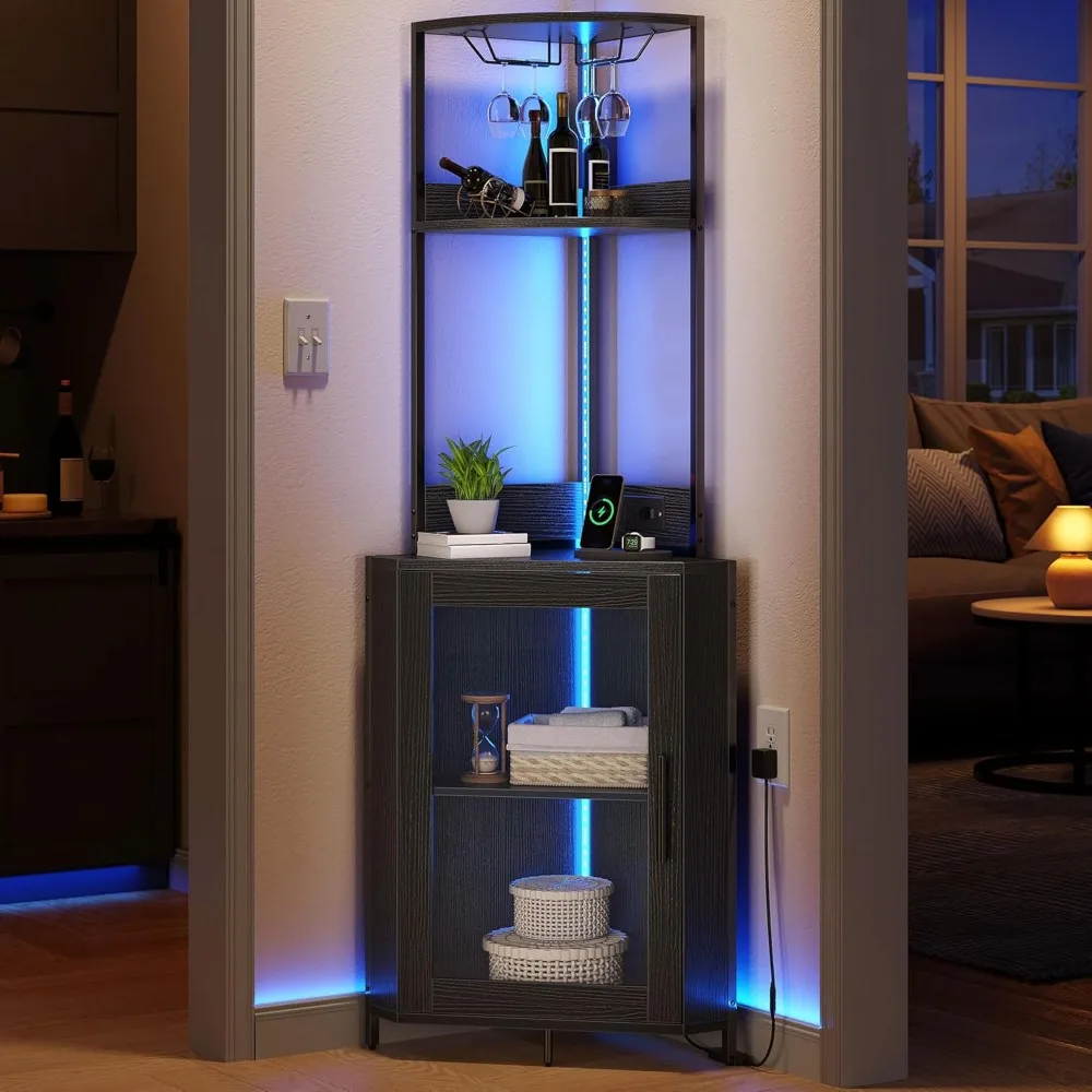 

Corner Wine Cabinet with Power Outlets & LED Lights, Corner Bar Cabinet with Glass Holder, Liquor Bar Rack Cabinet for