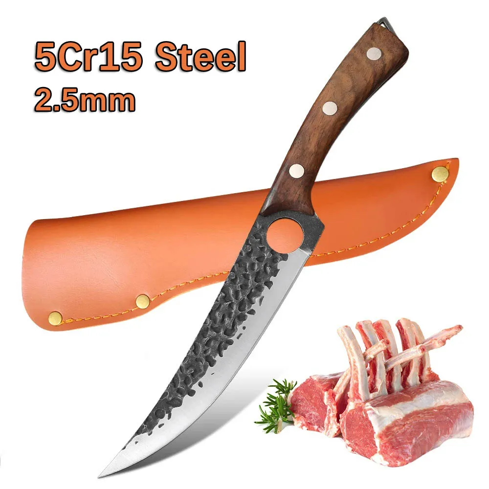 With Finger Hole Boning Knife Slicing Meat Fruit Fish Kitchen Knives Hand Forged Blade Wood Handle Chef Cook Knife Cleaver Tool