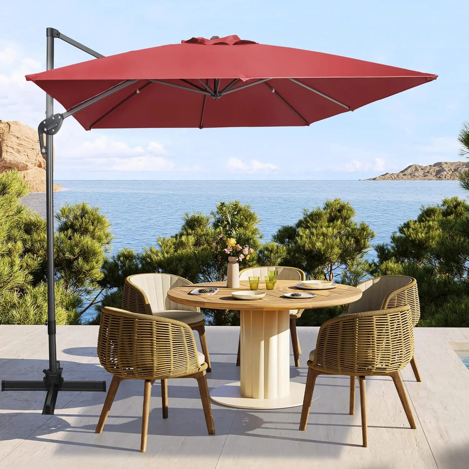 10x10Ft Cantilever Patio Umbrella Square 360° Rotation & Integrated Tilting System Offset Umbrella with 8 Sturdy, Customized