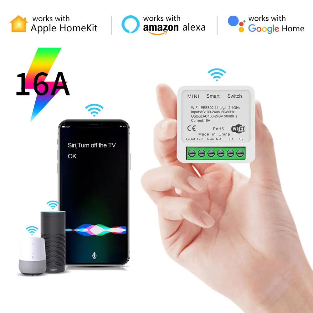 WiFi Mini Tuya Smart Switch 16A DIY Light Switches 2 Way Wireless Control Smart Home with Smart Life Alexa Alice Google Home