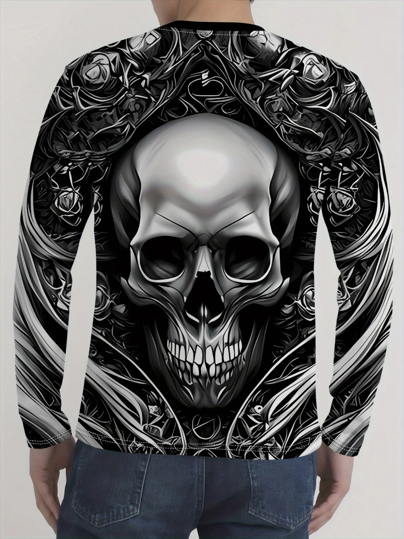 

2025 Мужская футболка с длинным рукавом в готическом стиле с принтом черепа, черно-белая, всесезонная уличная одежда для вечеринки в честь Хэллоуина ​