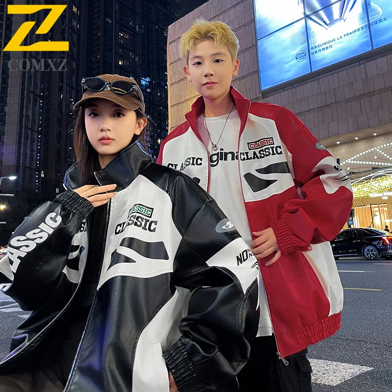 

COMXZ 2025 Unisex Leather Jacket Retro Color Block Travel Scratch Resistant Jackets Leisure Stand Collar Windproof Outerwear​