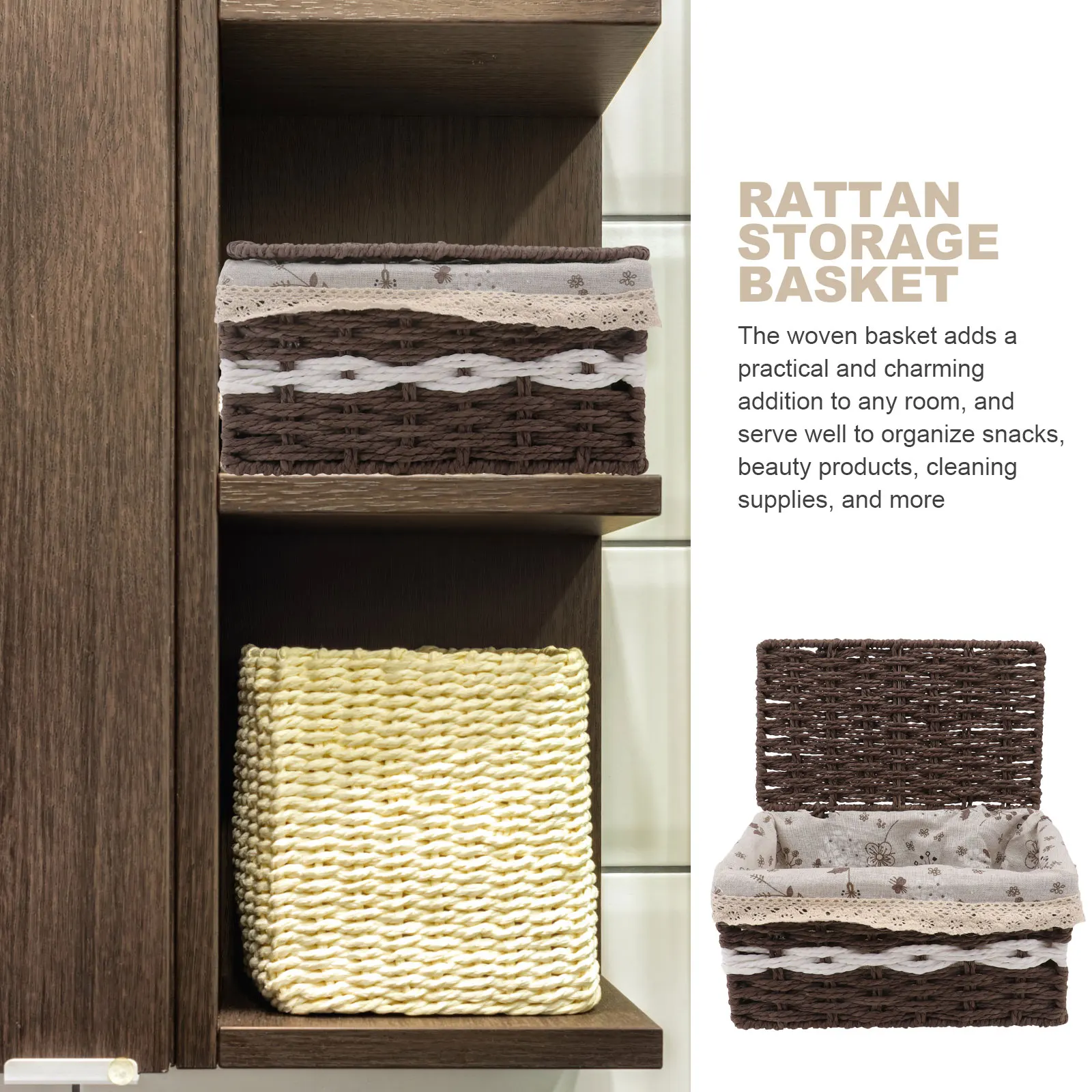 

1pc Rattan Woven Storage Basket Household Organizer Sundries Container Bin For Snacks Cosmetics Tea Desktop Decor