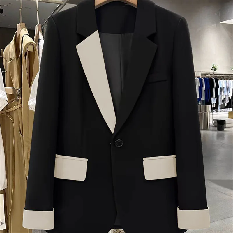 Black contrasting splicing suit jacket for women's spring and autumn 2024 new suit  jacket women  blazers for women