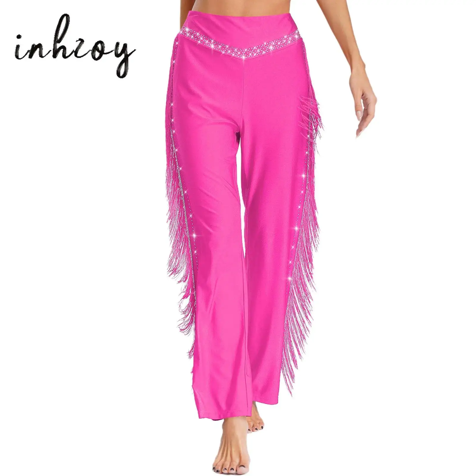 

Women Tassels Latin Dance Pants Shiny Rhinestones Elastic Waistband Pants for Salsa Cha-Cha Jazz Competition Performance Costume