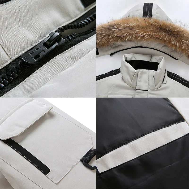 90% pato branco para baixo boné removível jaqueta térmica masculina grosso puffer jaqueta casaco de alta qualidade parka de inverno