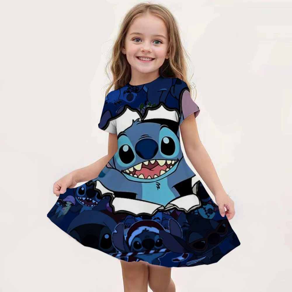 2024 Girls Short-Sleeved Dress Cute Stitch 3D Print Skirt Summer New Clothes Original Brand Clothing Dress For Girl Nightdress