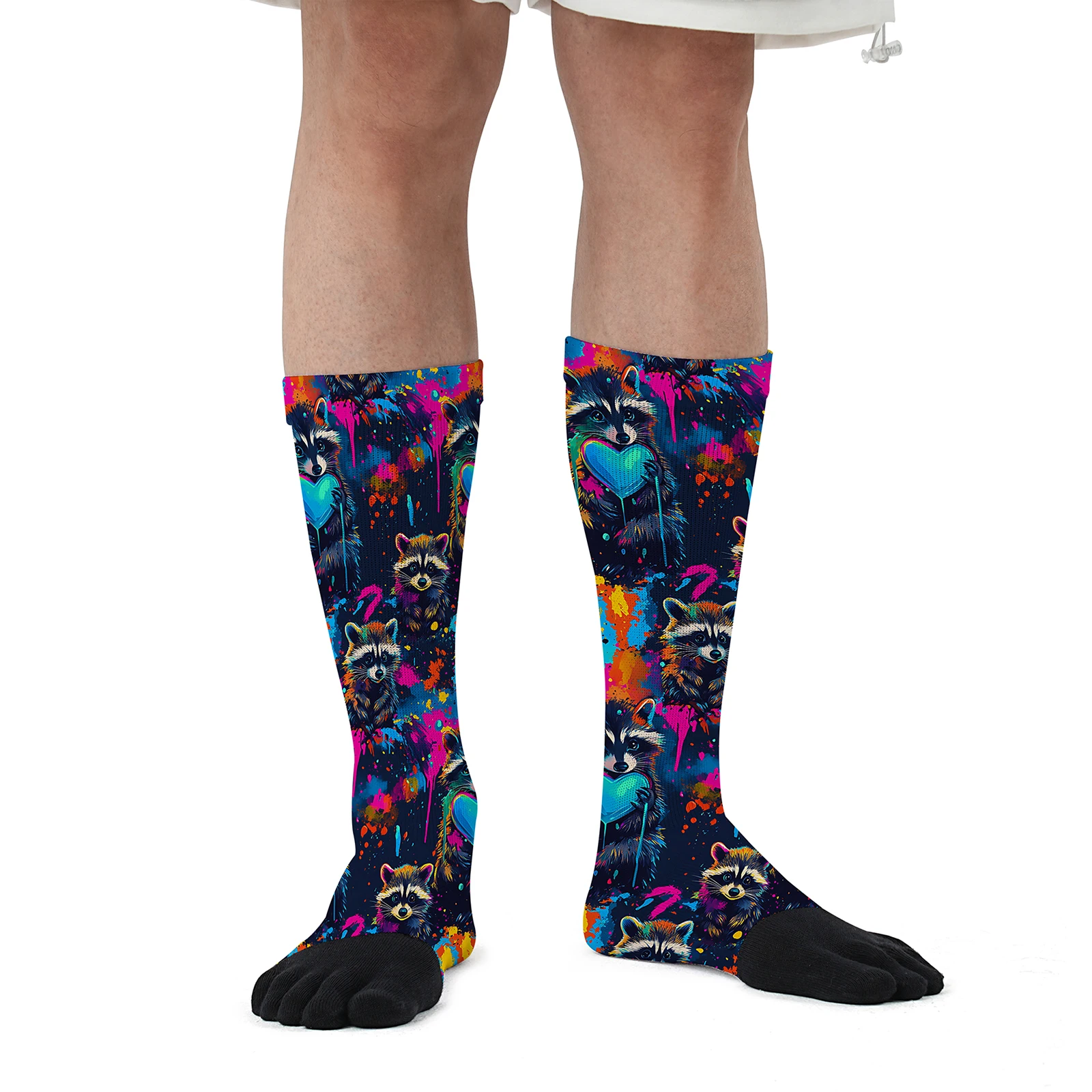 

1 pair of graffiti raccoon patterned mid-calf sporty five-finger socks with personality print