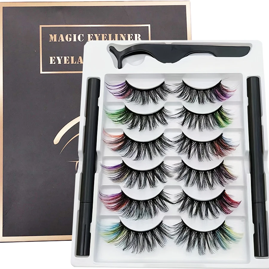 6 pairs of color 8D fluffy curly false eyelashes, magnetic eyeliner pen is not easy to smudge and do not leak eyelashes set