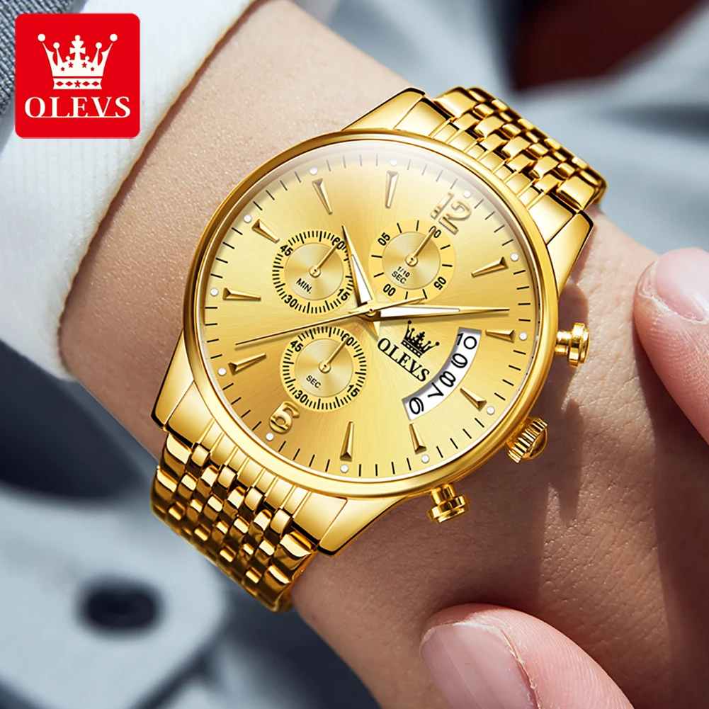 OLEVS Full Gold Men\'s Watches Multifunction Chronograph Waterproof Stainless steel Wristwatch